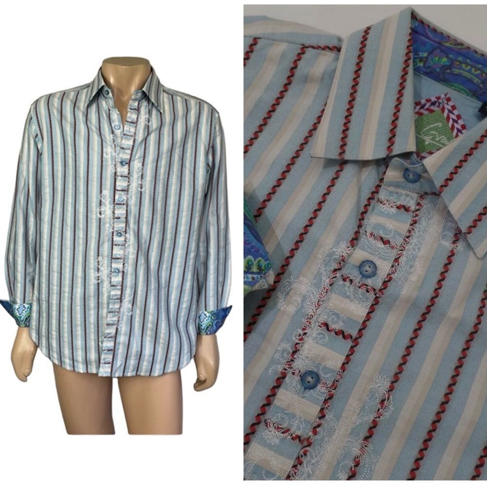 Robert Graham Blue Red Striped Button Up Shirt Embroidered Flip Cuff Size L
